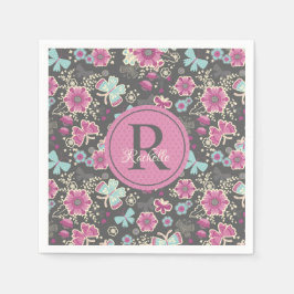 Monogram Pink Floral Geburtstagsmuster Serviette