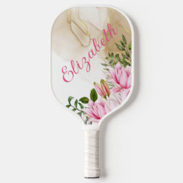 Monogram Pink Floral Green Blätter Goldrausch Frau Pickleball Schläger