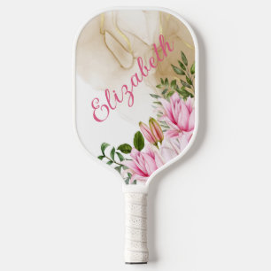 Monogram Pink Floral Green Blätter Goldrausch Frau Pickleball Schläger