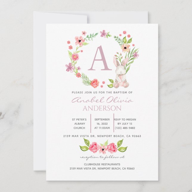 Monogram Pink Floral Greenerity Baptism Girl Einladung (Vorderseite)