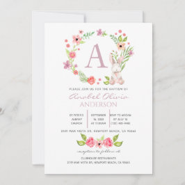 Monogram Pink Floral Greenerity Baptism Girl Einladung