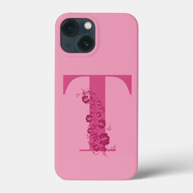 Monogram Pink Floral Letter T iPhone Case (Rückseite)