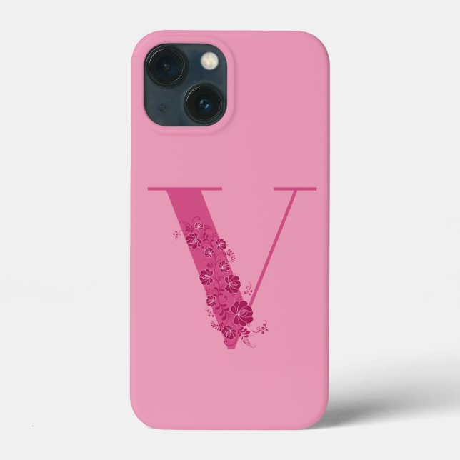 Monogram Pink Floral Letter V iPhone Case (Rückseite)