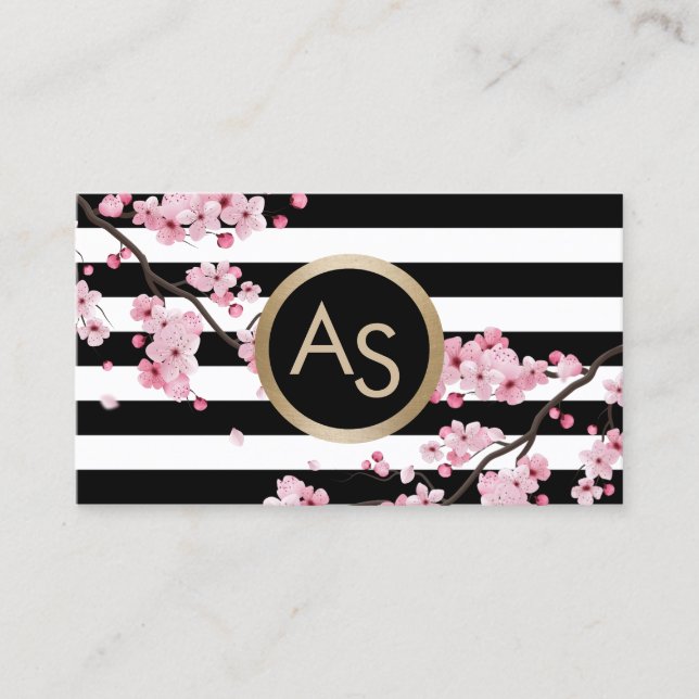 Monogram Pink Floral Modern Stripes Beauty Salon Visitenkarte (Vorderseite)