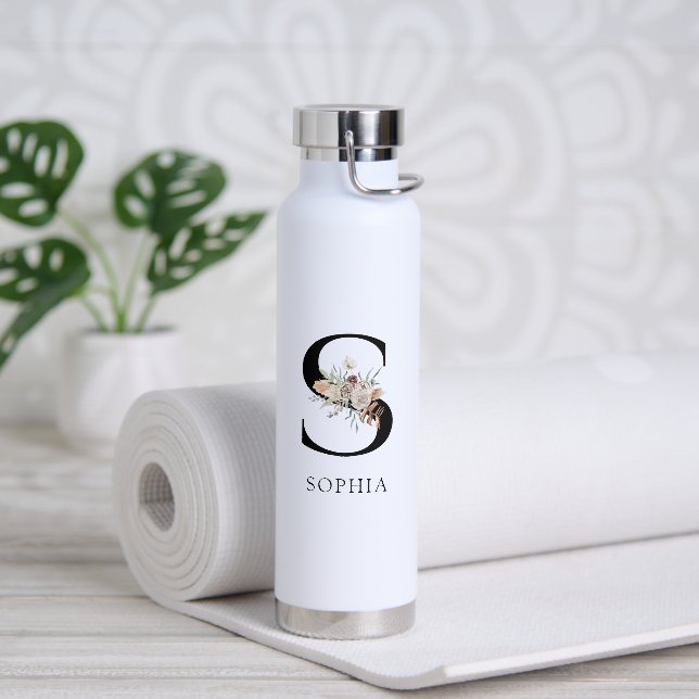 Monogram Pink Floral Palmetto Blätter Aquarell Trinkflasche (Yoga)