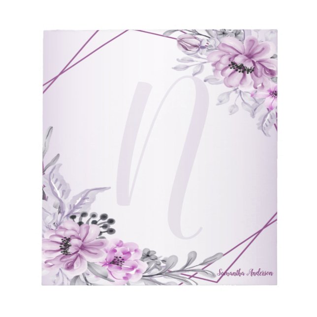Monogram Pink Floral Violet Lila Frame Modern Notizblock (Vorderseite)