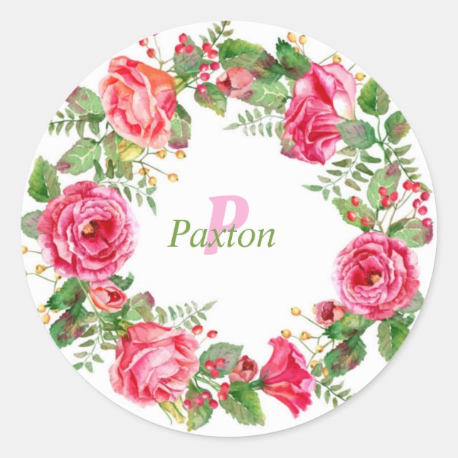 Monogram Pink Floral Wedding Runder Aufkleber (Vorderseite)