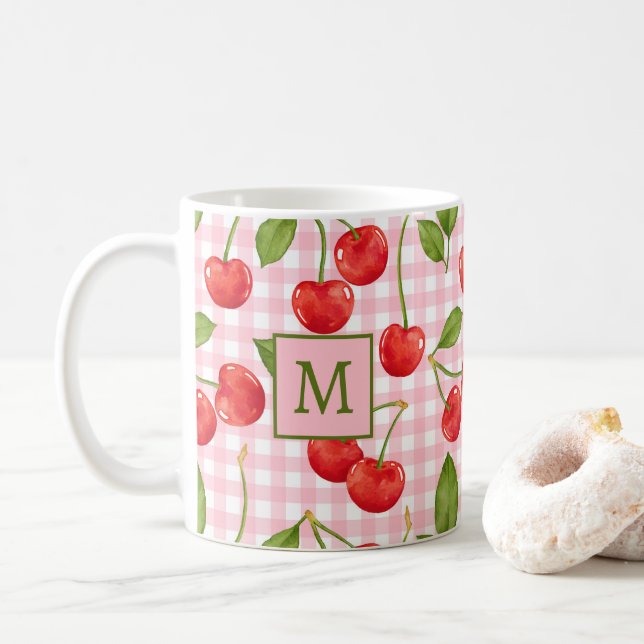 Monogram Pink Gingham & Cherries Tasse (Mit Donut)