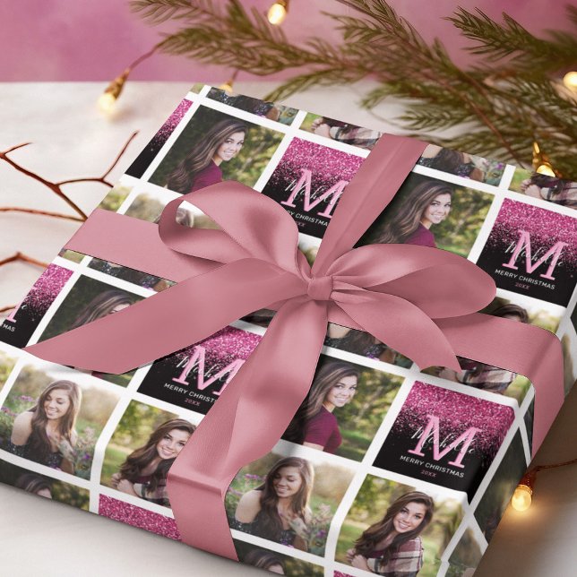 Monogram Pink Glitzer Foto Weihnachten Geschenkpapier (Von Creator hochgeladen)
