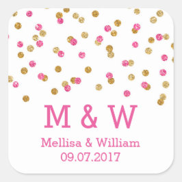 Monogram Pink Gold Confetti Gastgeschenk Hochzeit Quadratischer Aufkleber