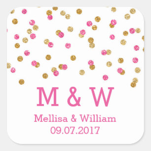 Monogram Pink Gold Confetti Gastgeschenk Hochzeit  Quadratischer Aufkleber