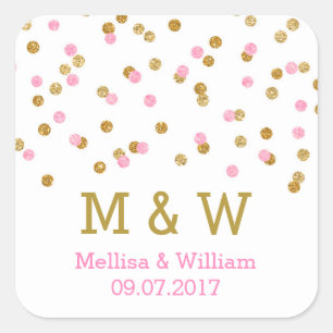 Monogram Pink Gold Confetti Gastgeschenk Hochzeit Quadratischer Aufkleber