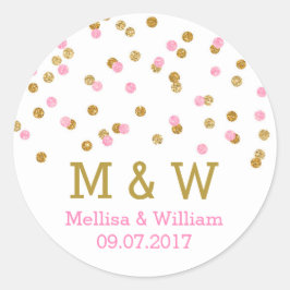 Monogram Pink Gold Confetti Gastgeschenk Hochzeit Runder Aufkleber