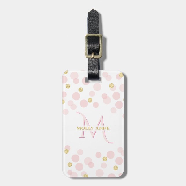 Monogram Pink Gold Glitzer Name und Anschrift Gepäckanhänger (Vorderseite vertikal)