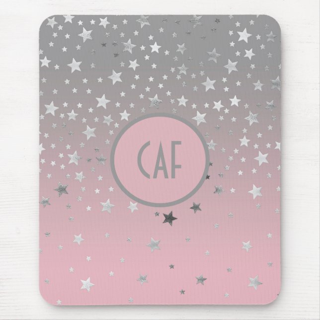 Monogram Pink Gray Stars Ombre Trendy Chic Mousepad (Vorne)