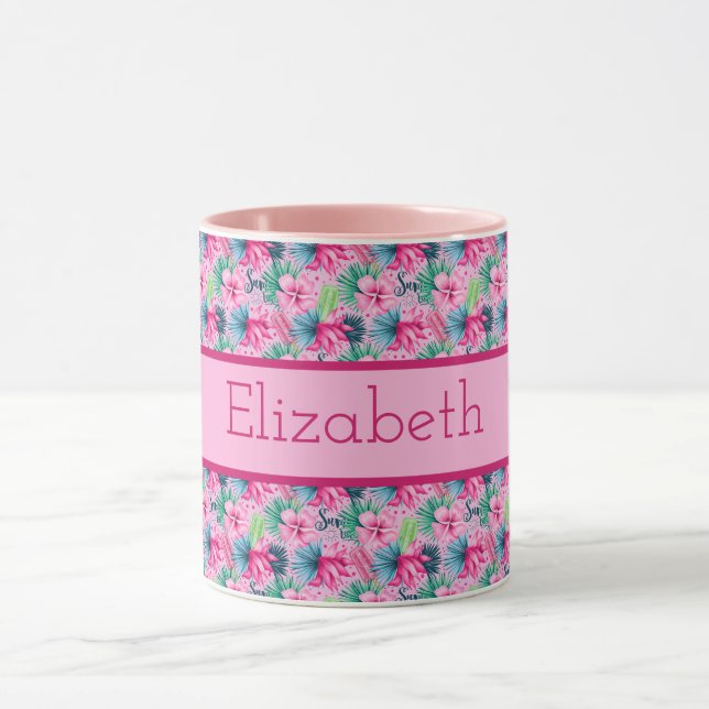 Monogram Pink Green Blue Tropical Blume Tasse (Zentrum)