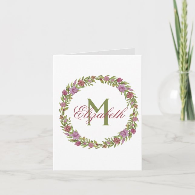 Monogram Pink Green Floral Nachname Vielen Dank (Vorderseite)
