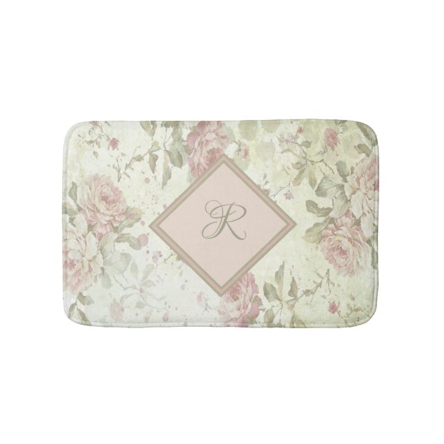 Monogram Pink Green Floral Shabby Chic Rosa Rosa Badematte (Vorderseite)