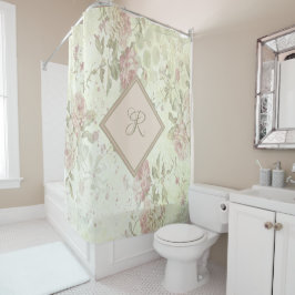 Monogram Pink Green Floral Shabby Chic Rosa Rosa Duschvorhang