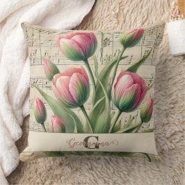 Monogram Pink & Green Vintag Tulips Noten Kissen