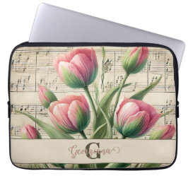 Monogram Pink & Green Vintag Tulips Noten Laptopschutzhülle