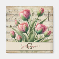 Monogram Pink & Green Vintag Tulips Noten