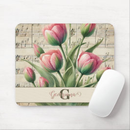 Monogram Pink & Green Vintag Tulips Noten Mousepad