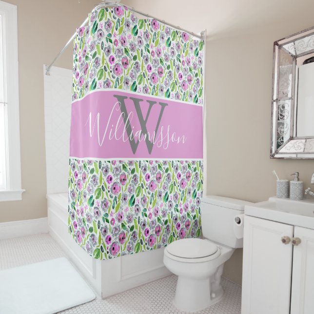 Monogram Pink Grey Boho Aquarell Floral Duschvorhang (Beispiel)