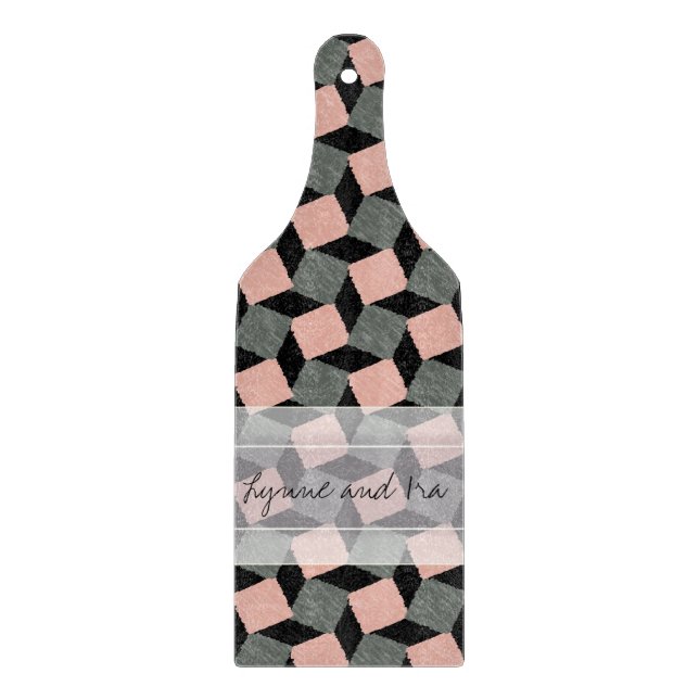 Monogram Pink Grey Geometric Ikat Square Pattern Schneidebrett (Vorderseite)