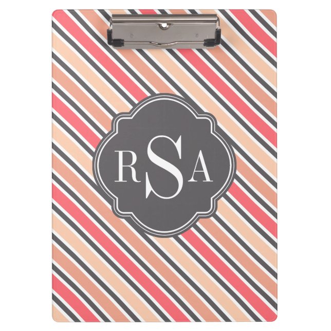 Monogram Pink Grey White Stripe Muster Klemmbrett (Vorderseite)