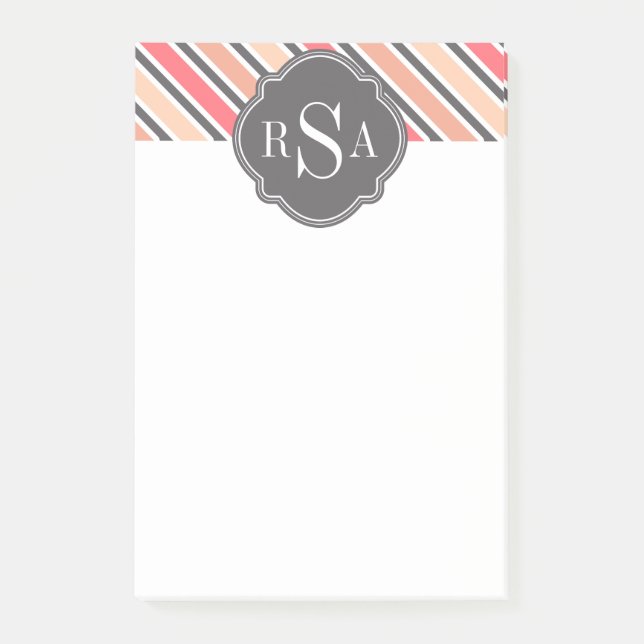 Monogram Pink Grey White Stripe Muster Post-it Klebezettel (Vorderseite)