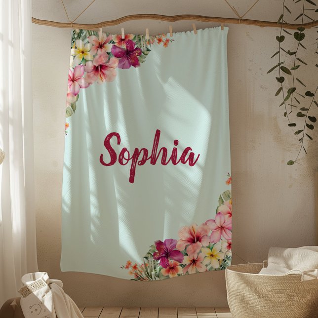 Monogram Pink Hibiskus Blume Tropenflora Fleecedecke (In situ)