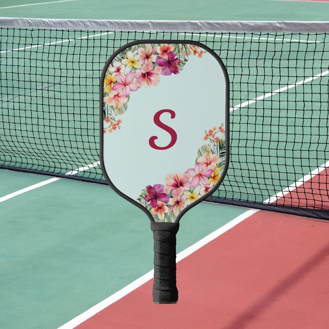 Monogram Pink Hibiskus Blume Tropenflora Pickleball Schläger (In situ)