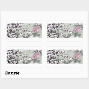 Monogram Pink magnolia Zweig zeichnend grau schwar Rechteckiger Aufkleber