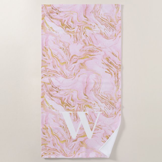 Monogram Pink Marble Gold Glitzer Strandtuch (Vorderseite)