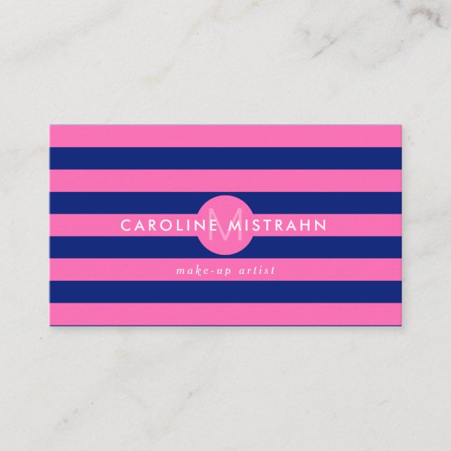 Monogram Pink Navy Blue Makeup Artist Beruflich Visitenkarte (Vorderseite)