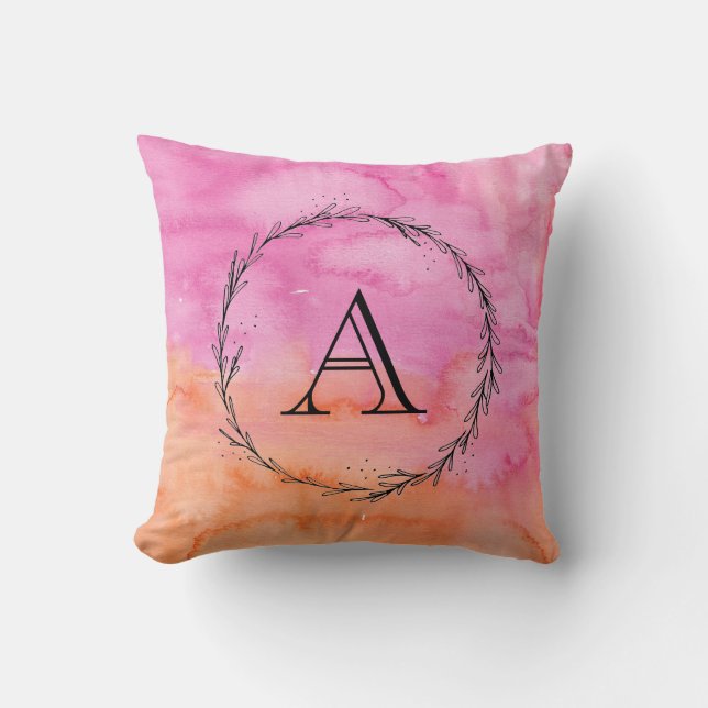 Monogram Pink Orange Wasserfarbkissen Initial Kissen (Vorderseite)