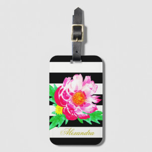 Monogram Pink Peony Black & White Luggage Tag Gepäckanhänger