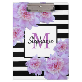 Monogram Pink Peony Blume Black Strip Lila Klemmbrett