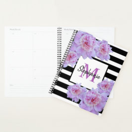 Monogram Pink Peony Blume Black Strip Lila Planer