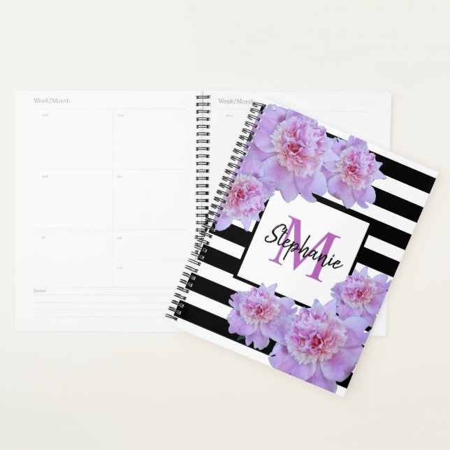 Monogram Pink Peony Blume Black Strip Lila Planer (Anzeige)
