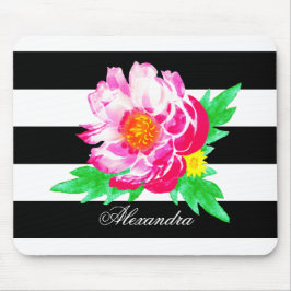 Monogram Pink Peony on Black / White Mousepad
