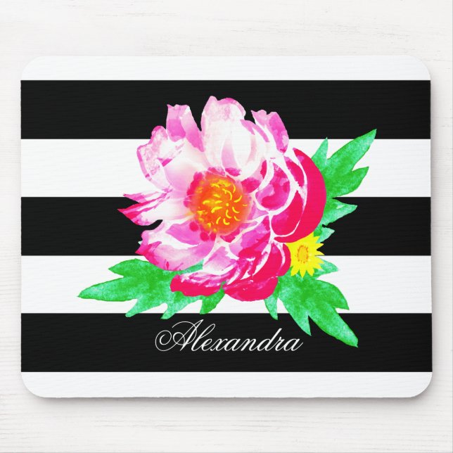 Monogram Pink Peony on Black / White Mousepad (Vorne)