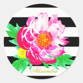 Monogram Pink Peony on Black & White Round Aufkleb Runder Aufkleber