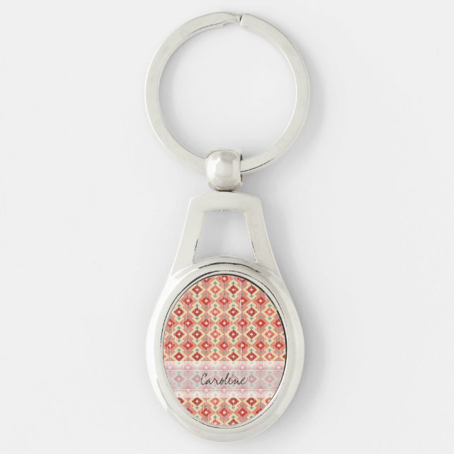 Monogram Pink Red Geo Tribal Ikat Diamond Muster Schlüsselanhänger (Vorderseite)