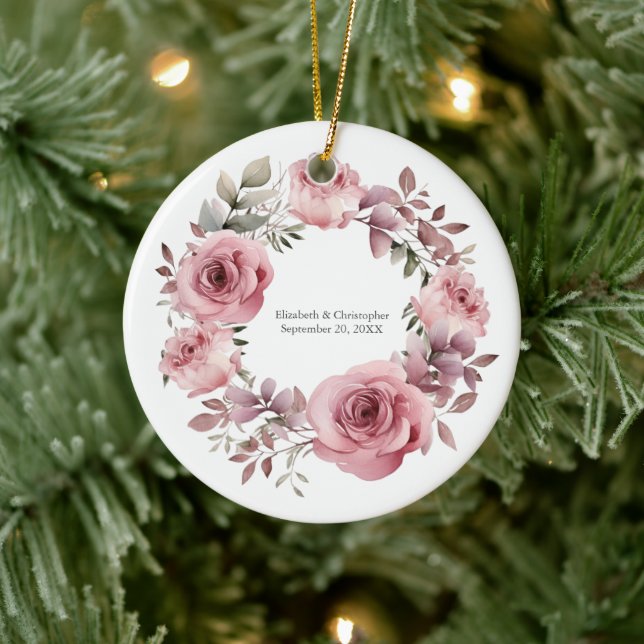Monogram Pink Roses Grüne Wasserfarbenhochzeit Keramik Ornament (Baum)