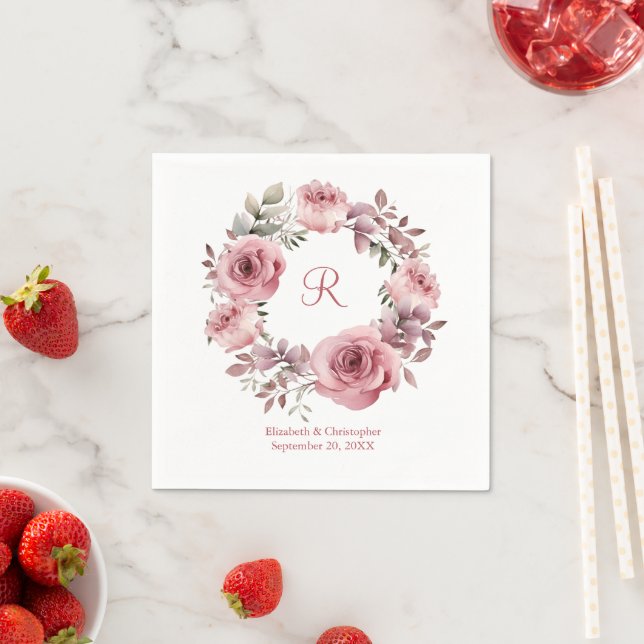 Monogram Pink Roses Grüne Wasserfarbenhochzeit Serviette (Beispiel)