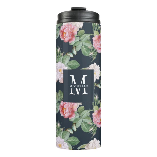 Monogram Pink Roses Schmetterlinge Custom Dark Gra Thermosbecher (Vorderseite)