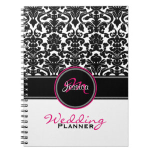 Monogram Pink Schwarz-weiß Damask Hochzeitsplaner Notizblock