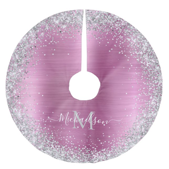 Monogram Pink Silver Glitzer Girly Glam Polyester Weihnachtsbaumdecke (Vorderseite)
